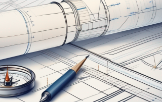 A blueprint of a building project with a checklist of goals and a compass