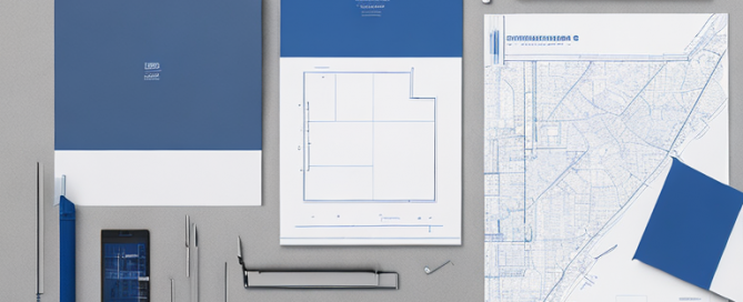 Ordentlicher Arbeitsplatz mit Planungsdokumenten und Architekturblueprints, hochwertige Designwerkzeuge wie Lineale und Zirkel fuer effiziente Stadtplanung.