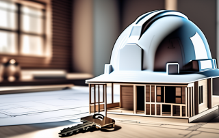 A set of architectural blueprints with a key on top