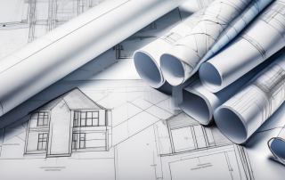 A variety of architectural blueprints and planning documents spread out on a table