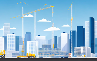 Gut organisierte Baustelle mit Kranen und Geruesten vor urbanem Hintergrund und blauem Himmel, symbolisiert erfolgreiche Entwicklungsplana.