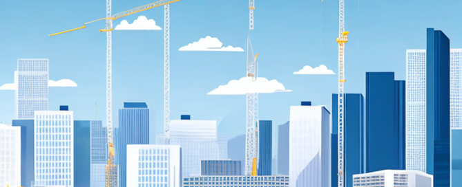 Gut organisierte Baustelle mit Kranen und Geruesten vor urbanem Hintergrund und blauem Himmel, symbolisiert erfolgreiche Entwicklungsplana.