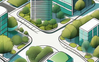 A sustainable urban landscape featuring diverse areas such as green spaces