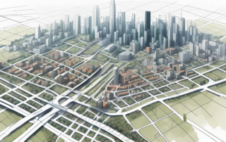 Luftbild einer Stadt mit hervorgehobenen Zonen fuer verschiedene Nutzungstypen, verflochten mit Stadtplanungskarten und Werkzeugen, betont einen systematischen Ansatz zur Stadtentwicklung.