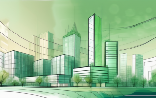 A dynamic cityscape with various land uses such as residential