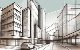 An urban planning blueprint with various buildings and infrastructures