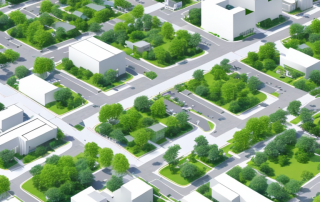 Klarer Luftbildblick auf wohlorganisierte Stadtentwicklung mit strukturiertem Layout von Gebaeuden, Gruenflaechen und Strassen.