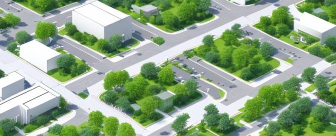 Klarer Luftbildblick auf wohlorganisierte Stadtentwicklung mit strukturiertem Layout von Gebaeuden, Gruenflaechen und Strassen.
