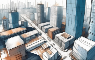 A cityscape with various buildings under construction