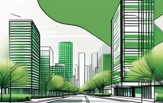 Moderne, gut organisierte Stadtansicht mit harmonischer Integration von Wohn- und Gewerbegebieten, nachhaltigen Gruenflaechen und durchdachter Stadtplanung.