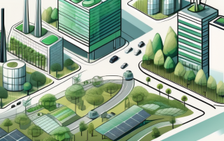 An urban landscape with various sustainable features such as a green rooftop