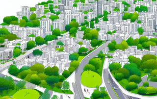 Gut organisierte Stadtlandschaft mit klaren Zonen fuer Wohn-, Gewerbe- und Gruenflaechen.
