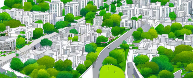 Gut organisierte Stadtlandschaft mit klaren Zonen fuer Wohn-, Gewerbe- und Gruenflaechen.