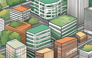 A cityscape with various zones marked in different colors to represent different types of land use