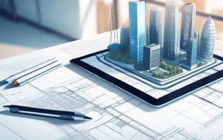 Hochmoderne Werkzeuge und Software fuer Stadtplanung und Bauwesen, darunter digitale Tablets mit Architektursoftware, 3D-Stadtmodelle und Messgeraete auf einem Arbeitstisch.