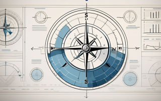 A blueprint of a building project with various strategic tools like a compass