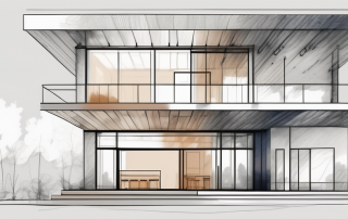 A blueprint of a building with a few artistic elements like a paintbrush and palette