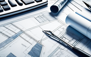 Architekturblaupausen und Bauplanungswerkzeuge fuer Baugenehmigung, sorgfaeltig arrangiert.