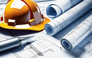 Blaupause mit detaillierten Architekturplaenen und Bauwerkzeugen wie Lineal, Zirkel und Schutzhelm, neben rechtlichen Dokumenten und Baugenehmigungen