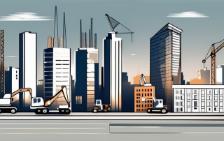A cityscape with various types of buildings under construction