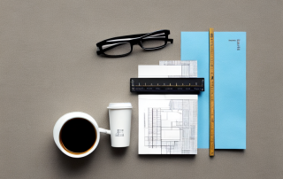 Architektonischer Entwurf auf Schreibtisch mit Kaffeetasse, Lineal und Lesebrille, zeigt planvolle Professionalitaet.