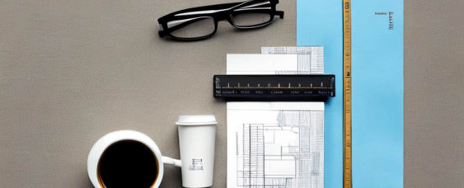 Architektonischer Entwurf auf Schreibtisch mit Kaffeetasse, Lineal und Lesebrille, zeigt planvolle Professionalitaet.