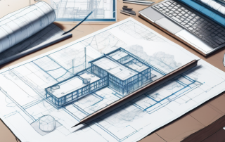 Architektenarbeitsplatz mit detaillierten Bauplaenen fuer Stadtplanung und Infrastruktur sowie professionellen Zeichenwerkzeugen.