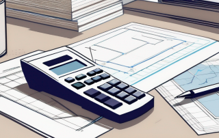 Schreibtisch eines Architekten mit Bauplaenen, Taschenrechner und Modellgebaeude, symbolisiert strategische Planung zur Kostensenkung bei Baugenehmigungen.