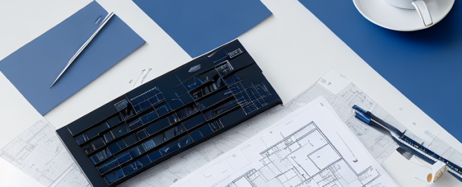 Architektentisch mit Bauplaenen, Massstab und Kaffee, zeigt detaillierten Planungsprozess und Fachkompetenz in Stadtplanung.