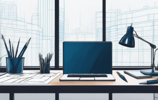 Organisierter Arbeitsplatz mit Architekturwerkzeugen und sauber angeordneten Bauplaenen fuer stressfreie Stadtplanung.