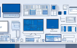 Gut organisierter Arbeitsplatz mit Architekturzeichnungen, Laptop mit Planungssoftware und Zeichenwerkzeugen, effiziente und produktive Planung.