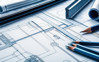 Detaillierte architektonische Bauplaene und Werkzeuge wie Lineale und Bleistifte auf einem Tisch, Planungsprozess fuer Bauzulassung hervorhebend.