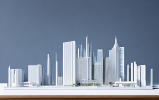 Architekturmodell modernes Stadtentwicklungsprojekt auf poliertem Holztisch mit Bauplaenen und Entwurfwerkzeugen