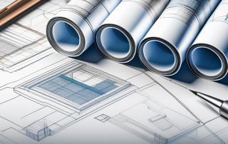 ALT-Tag: Architektonische Plaene und 3D-Modelle ordentlich auf einem Arbeitstisch fuer Baugenehmigungsantrag