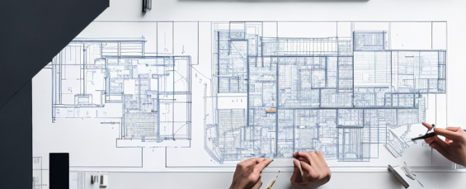 Architektonischer Bauplan auf Tisch mit Zeichenwerkzeugen und Modellgebaeude, urbanes Planungsverfahren.