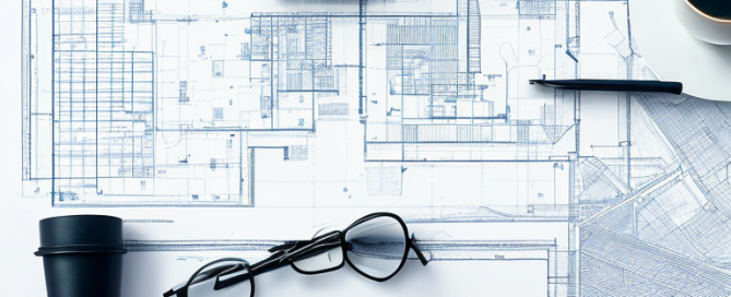 architektonischer grundriss auf schreibtisch mit zeichenwerkzeugen und kaffeetasse