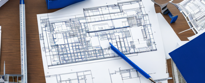 gut organisierter Architekturschreibtisch mit Bauplaenen, Modellbau und Zeichengeraeten, Haende zeigen auf Bauplaene, Zusammenarbeit in der Stadtplanung.