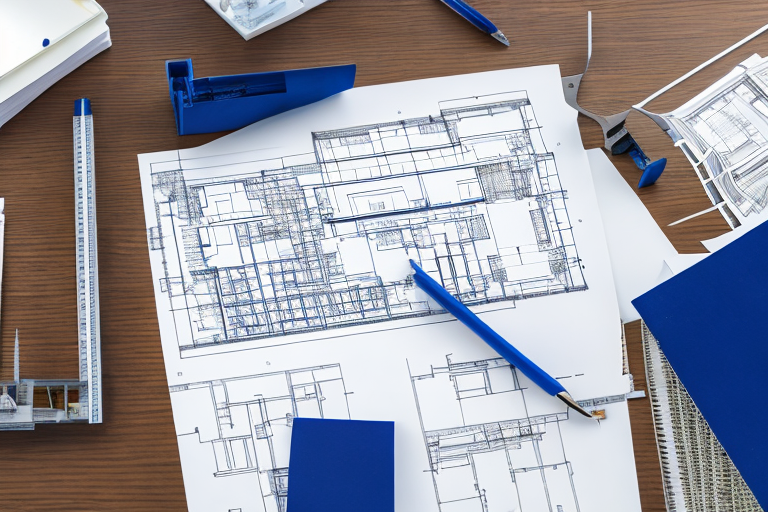gut organisierter Architekturschreibtisch mit Bauplaenen, Modellbau und Zeichengeraeten, Haende zeigen auf Bauplaene, Zusammenarbeit in der Stadtplanung.