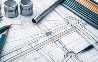Architektonischer Entwurf mit Linealen, Zirkeln und Bleistiften auf einem Tisch, betont sorgfaeltige Planung in der Stadtentwicklung.
