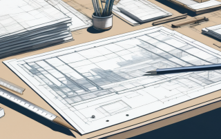 Sauber organisiertes Architektenbüro mit Bauplaenen, Zeichnungen und Messwerkzeugen vor einer Baustelle im Bau.