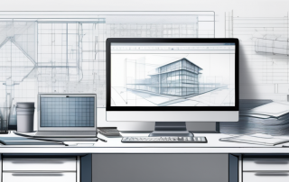 Architektonischer Arbeitsplatz mit detailliertem Bauplan und Planungswerkzeugen auf einem Schreibtisch, effiziente Planungsumgebung.