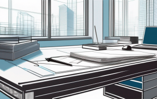 Architekten-Schreibtisch mit Bauplaenen, Modellbau und verschiedenen Werkzeugen fuer schnelle Baugenehmigungen