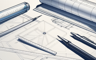 Architekturwerkzeuge wie Lineale, Zirkel und Bauplaene auf einem Arbeitsplatz mit dezenter Beleuchtung fuer detaillierte Konstruktionsplaene