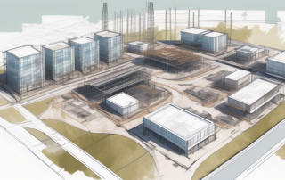 Luftaufnahme einer organisierten Baustelle mit verschiedenen Entwicklungsgebieten und Einblendung von Architekturzeichnungen zur Betonung strategischer Planung.