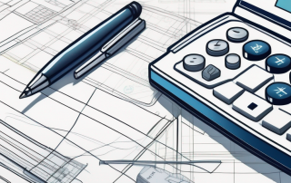 Ordentlich gestapelte offizielle Dokumente und Architekturplaene mit Rechner und Stift fuer Bauantrag Vorbereitung.