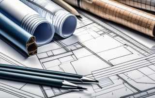 ALT-Tag: Architektonische Bauplaene und Planungsdokumente auf einem Arbeitstisch mit Linealen und Bleistiften fuer die sorgfaeltige Vorbereitung eines Bauantrags
