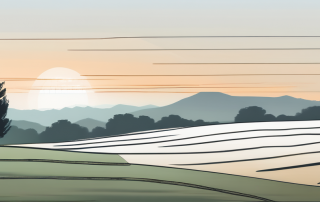 Ruhiges, leeres Grundstueck bei Sonnenaufgang, bereit zum Bauen, mit markierten Grenzpfosten und sanften Huegeln im Hintergrund, Symbol fuer Potential und Planung in der Immobilienentwicklung.