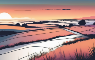 Weites, leeres Grundstueck bei Sonnenuntergang, zeigt offene Moeglichkeiten fuer Bau und Entwicklung, betont den Wert des Kaufs jetzt, mit einem vielversprechenden Glanz des Abendhimmels.