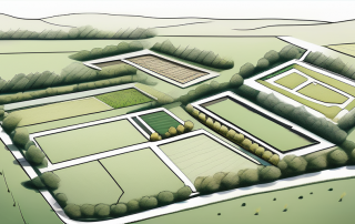 Luftaufnahme leerer Grundstuecke umgeben von gruenem Gelaende, ideal fuer Bauherren zur Errichtung perfekter Familienheime.