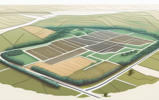 Luftaufnahme eines weitlaeufigen, unbebauten Grundstuecks zur Bebauung, verschiedene Parzellen fuer Immobilienentwicklung in ruhiger Landschaft markiert.